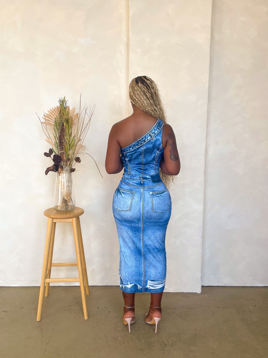 One Shoulder Denim Print Midi Dress – Cocoa Brownin'