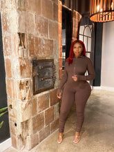 Load image into Gallery viewer, Ribbed Mockneck Jumpsuit w/ Stacked Legs in Brown