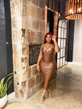 Load image into Gallery viewer, Soulful Strut Leather Midi Dress in Chocolate Brown