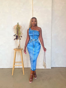 One Shoulder Denim Print Midi Dress – Cocoa Brownin' One Shoulder Denim Print Midi Dress – Cocoa Brownin'