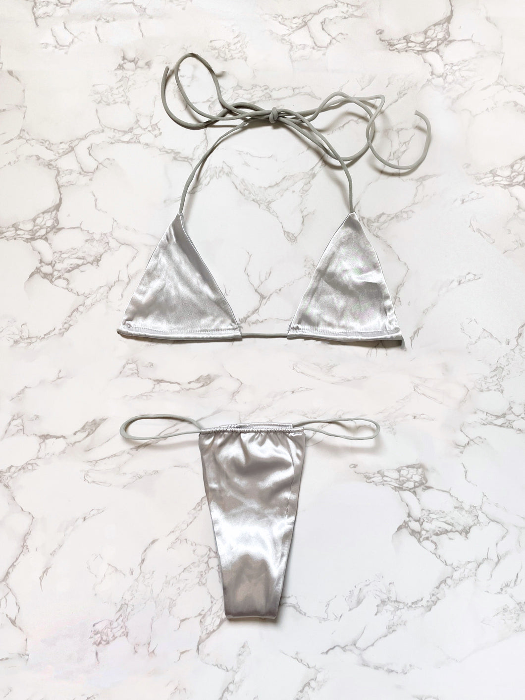 Satin Micro Thong Bikini in Silver