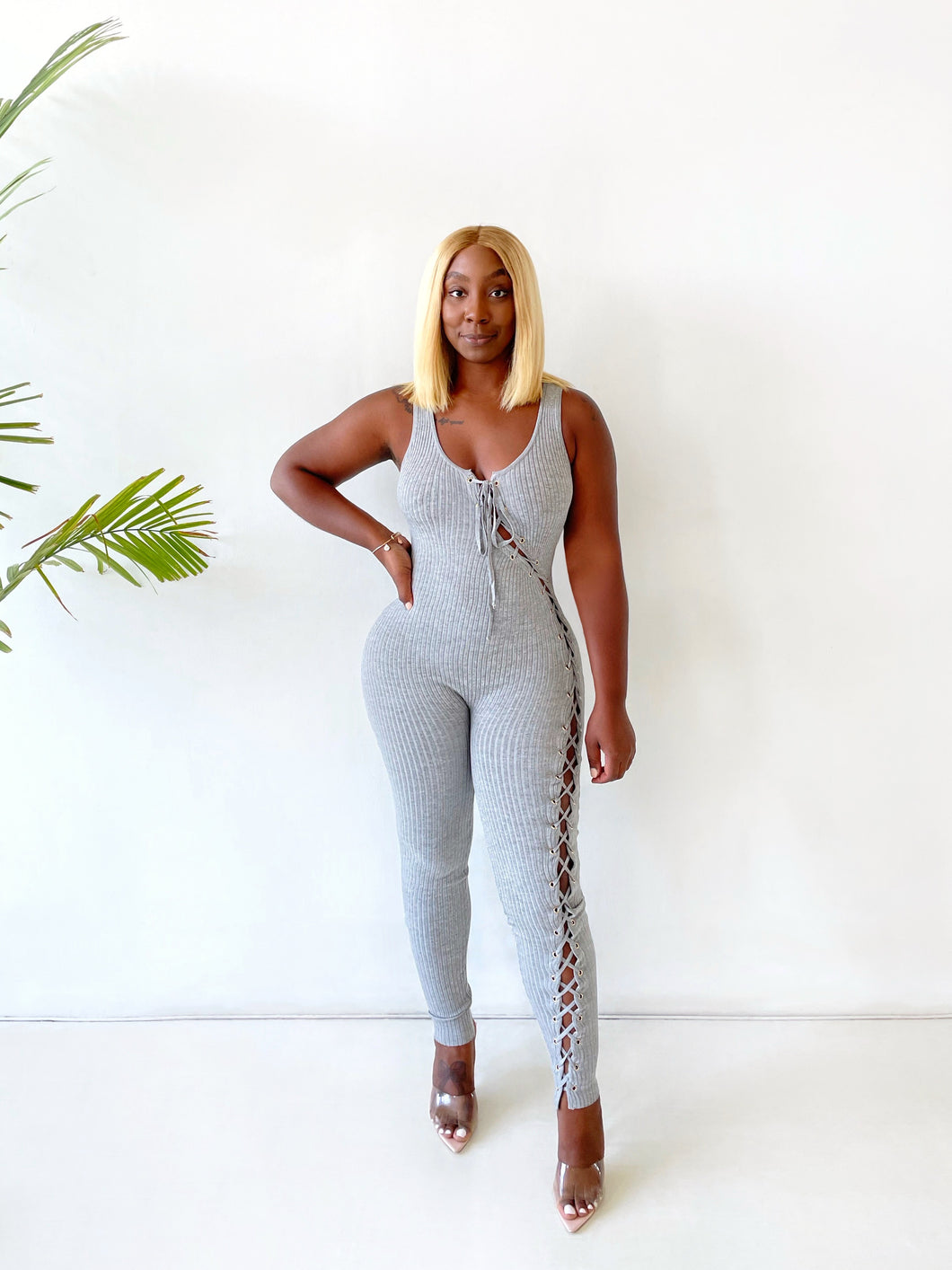 All Open Lace Up Jumpsuit in Grey