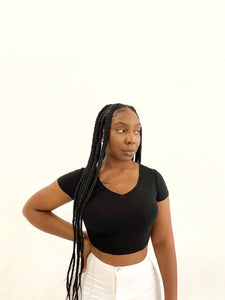 Basic V-Neck Crop Tee in Black