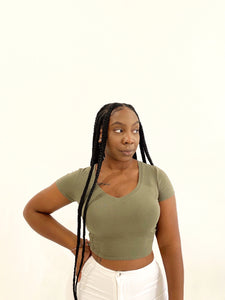 Basic V-Neck Crop Tee in Olive