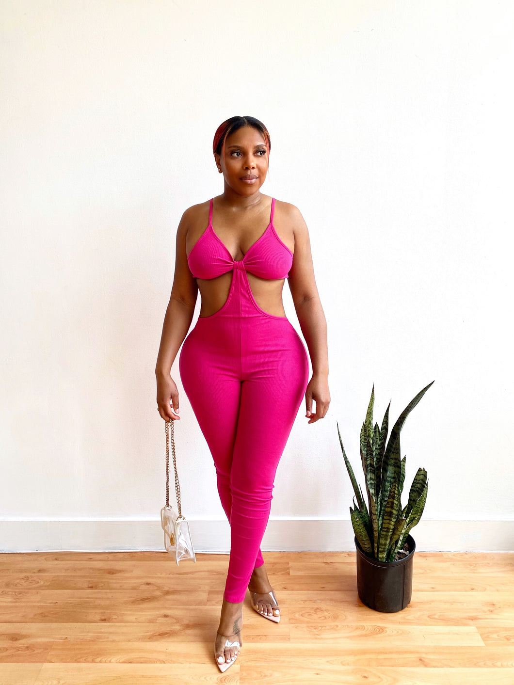 Drawn In Ribbed Cutout Jumpsuit in Fuchsia