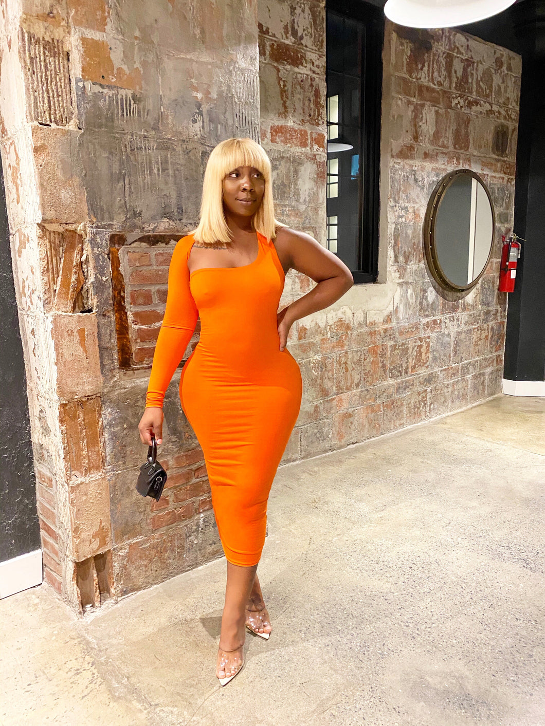 One Shoulder Long Sleeve Midi Dress in Tangerine