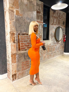 One Shoulder Long Sleeve Midi Dress in Tangerine