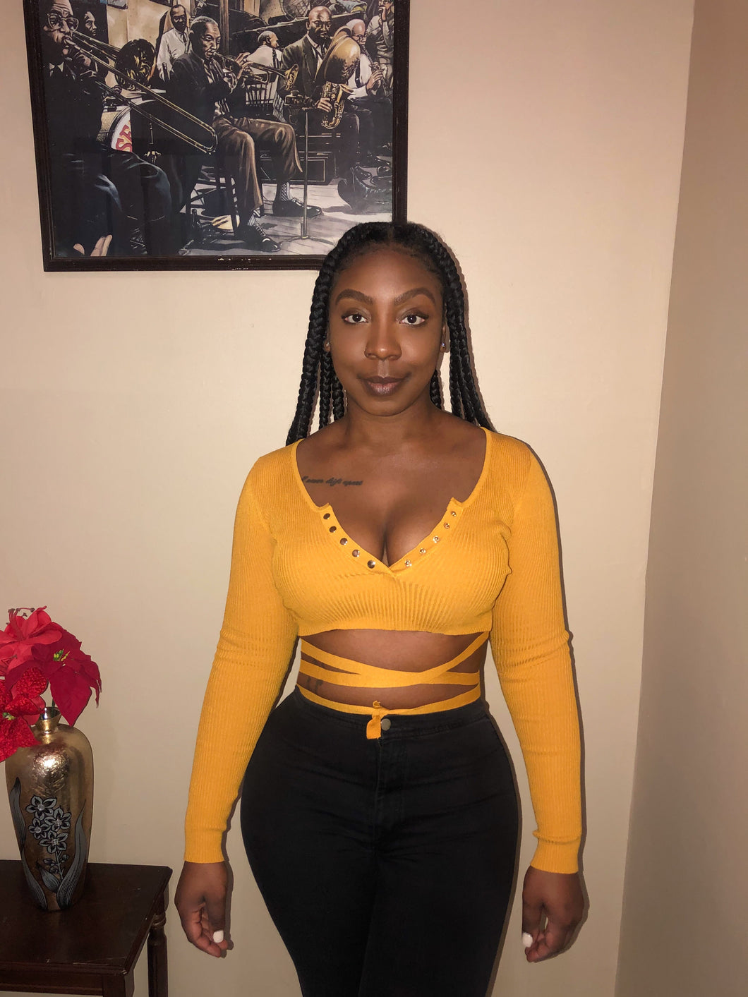 Ribbed Sweater Cropped Wrap Top in Mustard