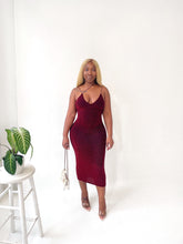 Load image into Gallery viewer, Soulful Strut Shimmer Midi Dress in Burgundy
