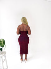 Load image into Gallery viewer, Soulful Strut Shimmer Midi Dress in Burgundy
