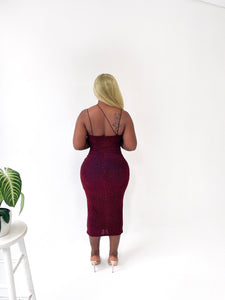 Soulful Strut Shimmer Midi Dress in Burgundy