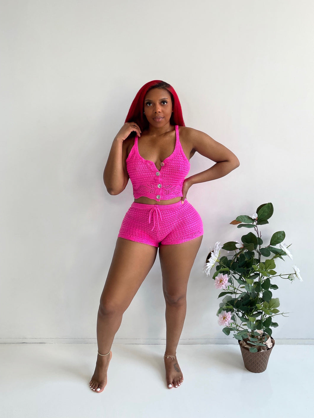 Sunny Dayz Crochet Short Set in Hot Pink