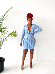 Tell All Fishnet Mini Dress in Baby Blue