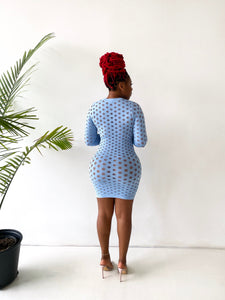 Tell All Fishnet Mini Dress in Baby Blue