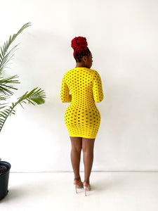 Tell All Fishnet Mini Dress in Yellow